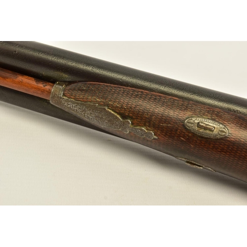 111 - AN ANTIQUE 12 BORE SIDE BY SIDE PERCUSSION SHOTGUN BEARING THE NAME JOSEPH TYE ON THE LOCKS, it is f... 