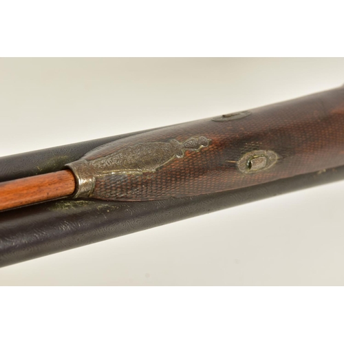 111 - AN ANTIQUE 12 BORE SIDE BY SIDE PERCUSSION SHOTGUN BEARING THE NAME JOSEPH TYE ON THE LOCKS, it is f... 