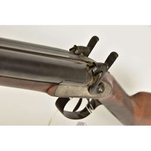 111 - AN ANTIQUE 12 BORE SIDE BY SIDE PERCUSSION SHOTGUN BEARING THE NAME JOSEPH TYE ON THE LOCKS, it is f... 