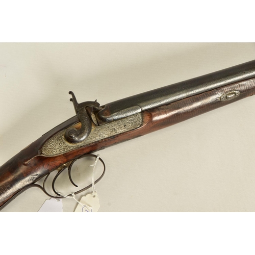 111 - AN ANTIQUE 12 BORE SIDE BY SIDE PERCUSSION SHOTGUN BEARING THE NAME JOSEPH TYE ON THE LOCKS, it is f... 