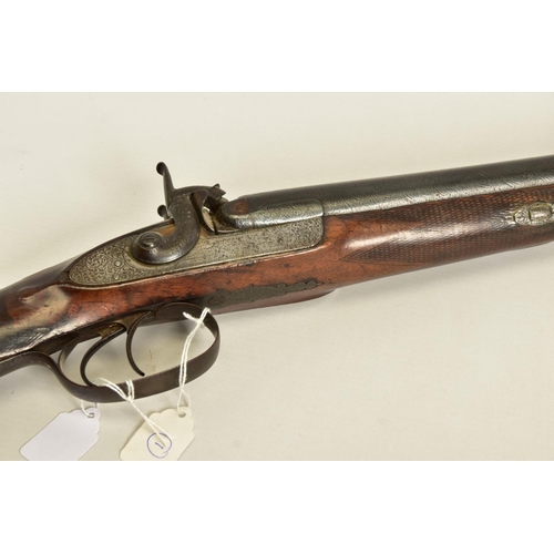 111 - AN ANTIQUE 12 BORE SIDE BY SIDE PERCUSSION SHOTGUN BEARING THE NAME JOSEPH TYE ON THE LOCKS, it is f... 