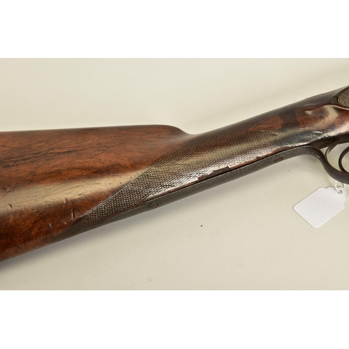 111 - AN ANTIQUE 12 BORE SIDE BY SIDE PERCUSSION SHOTGUN BEARING THE NAME JOSEPH TYE ON THE LOCKS, it is f... 