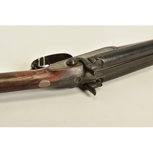 111 - AN ANTIQUE 12 BORE SIDE BY SIDE PERCUSSION SHOTGUN BEARING THE NAME JOSEPH TYE ON THE LOCKS, it is f... 