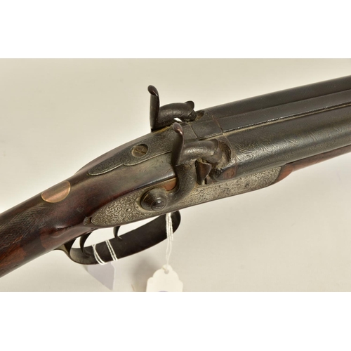 111 - AN ANTIQUE 12 BORE SIDE BY SIDE PERCUSSION SHOTGUN BEARING THE NAME JOSEPH TYE ON THE LOCKS, it is f... 