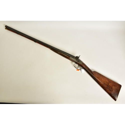 111 - AN ANTIQUE 12 BORE SIDE BY SIDE PERCUSSION SHOTGUN BEARING THE NAME JOSEPH TYE ON THE LOCKS, it is f... 