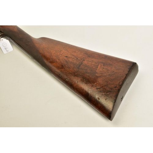 111 - AN ANTIQUE 12 BORE SIDE BY SIDE PERCUSSION SHOTGUN BEARING THE NAME JOSEPH TYE ON THE LOCKS, it is f... 