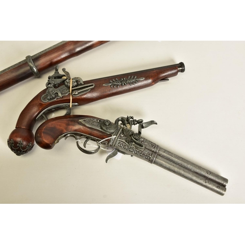 114 - THREE WHITE METAL COPIES OF ANTIQUE FIREARMS, the first is a copy of a Miquelet flintlock pistol hav... 