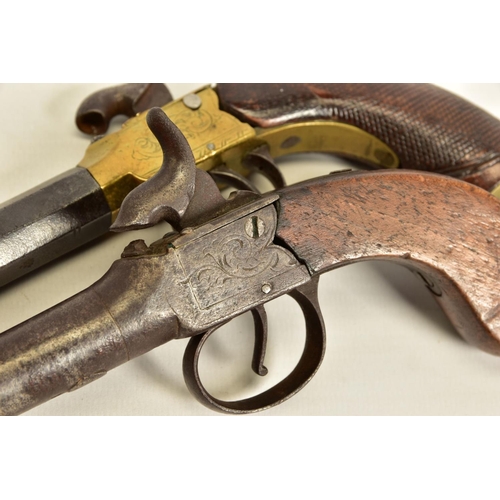 118 - TWO ANTIQUE PERCUSSION BOXLOCK POCKET PISTOLS, the first has a round 56 bore 2¾'' screw off barrel w... 