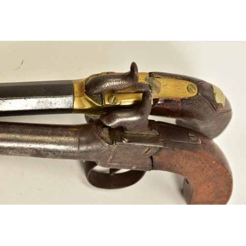 118 - TWO ANTIQUE PERCUSSION BOXLOCK POCKET PISTOLS, the first has a round 56 bore 2¾'' screw off barrel w... 