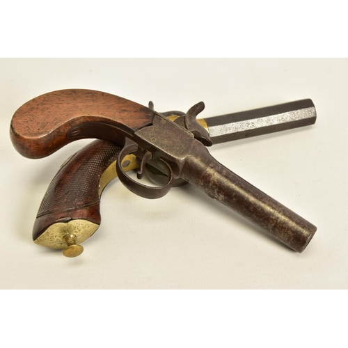 118 - TWO ANTIQUE PERCUSSION BOXLOCK POCKET PISTOLS, the first has a round 56 bore 2¾'' screw off barrel w... 