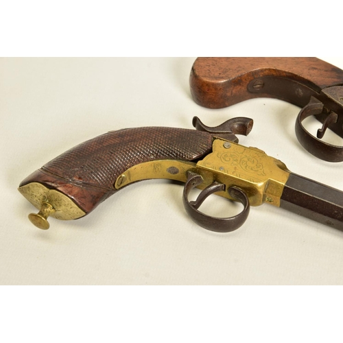 118 - TWO ANTIQUE PERCUSSION BOXLOCK POCKET PISTOLS, the first has a round 56 bore 2¾'' screw off barrel w... 