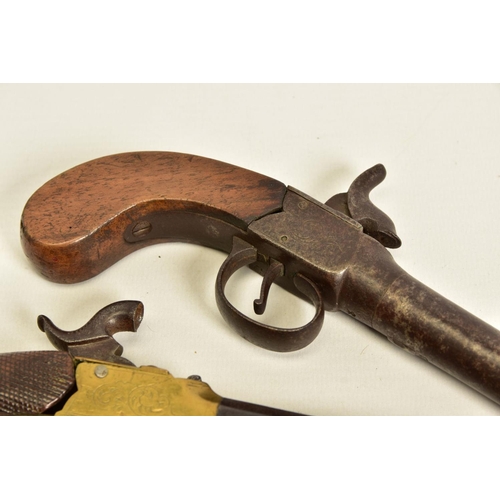 118 - TWO ANTIQUE PERCUSSION BOXLOCK POCKET PISTOLS, the first has a round 56 bore 2¾'' screw off barrel w... 