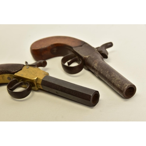 118 - TWO ANTIQUE PERCUSSION BOXLOCK POCKET PISTOLS, the first has a round 56 bore 2¾'' screw off barrel w... 