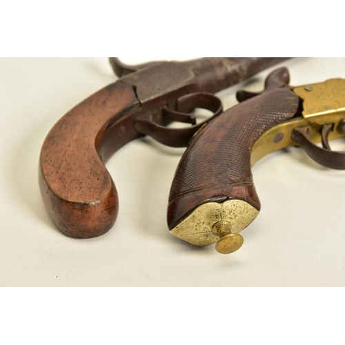 118 - TWO ANTIQUE PERCUSSION BOXLOCK POCKET PISTOLS, the first has a round 56 bore 2¾'' screw off barrel w... 