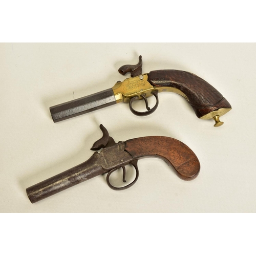 118 - TWO ANTIQUE PERCUSSION BOXLOCK POCKET PISTOLS, the first has a round 56 bore 2¾'' screw off barrel w... 