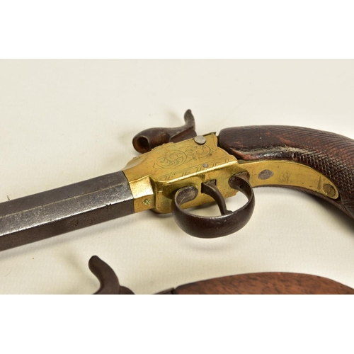 118 - TWO ANTIQUE PERCUSSION BOXLOCK POCKET PISTOLS, the first has a round 56 bore 2¾'' screw off barrel w... 