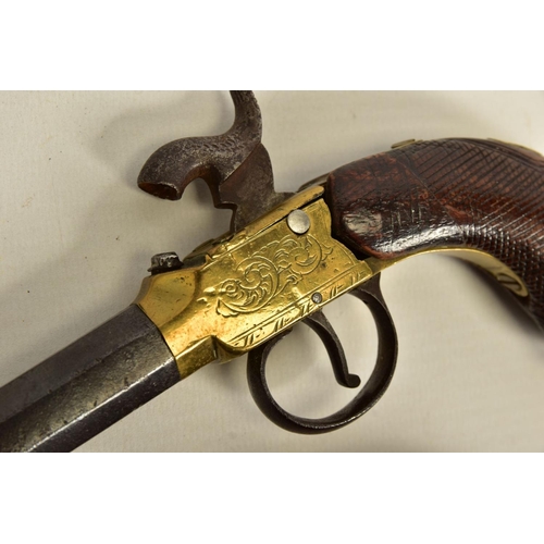 118 - TWO ANTIQUE PERCUSSION BOXLOCK POCKET PISTOLS, the first has a round 56 bore 2¾'' screw off barrel w... 