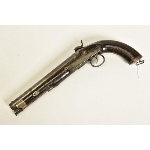 119 - AN ANTIQUE 28 BORE FULL STOCKED PERCUSSION SINGLE BARREL HOLSTER PISTOL, fitted with a round 7¼'' ba... 