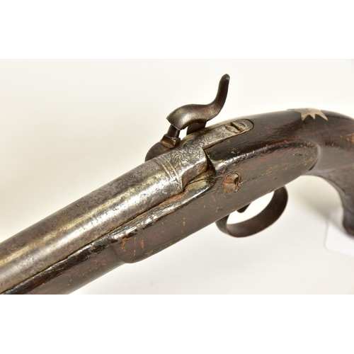 119 - AN ANTIQUE 28 BORE FULL STOCKED PERCUSSION SINGLE BARREL HOLSTER PISTOL, fitted with a round 7¼'' ba... 