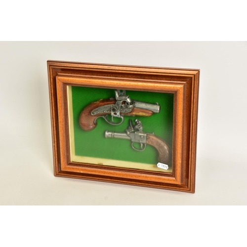 127 - A NEATLY FRAMED DISPLAY CASE containing a white metal replica of a percussion American derringer and... 