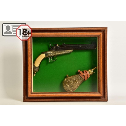 129 - A NEATLY FRAMED DISPLAY CASE containing a cast metal replica of a Collette Gravity pistol, together ... 