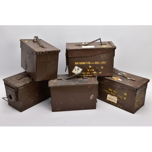 61 - FIVE METAL MILITARY AMMUNITION BOXES WWII and later era, two of them being marked 5.56mm and 7.62mm,... 