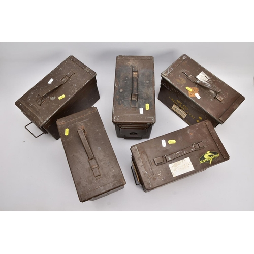 61 - FIVE METAL MILITARY AMMUNITION BOXES WWII and later era, two of them being marked 5.56mm and 7.62mm,... 