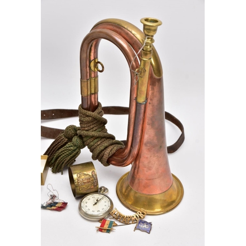 63 - ARMY STYLE BUGLE, copper and brass with attached mouthpiece and green corded knot, together with a b... 