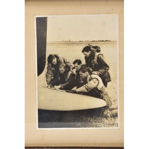 64 - A GLAZED FRAME CONTAINING THREE BLACK AND WHITE PHOTOS OF RAF WWII AIRCREW, one of the Airman featur... 