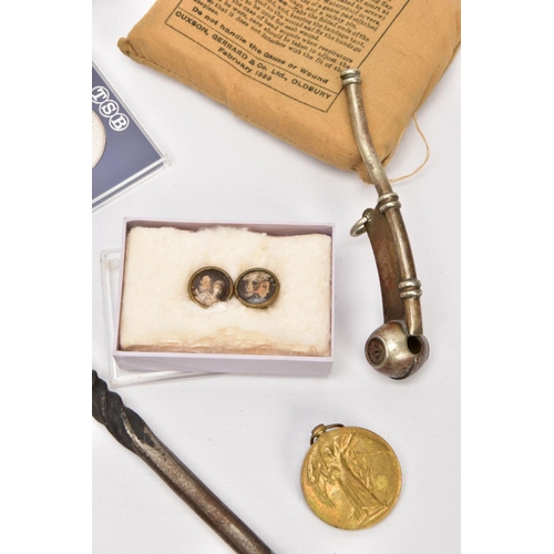 67 - A BOX CONTAINING A NUMBER OF MILITARIA ITEMS AND COINS AS FOLLOWS:- Military Pacing Stick, brass fit... 