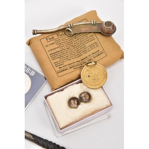 67 - A BOX CONTAINING A NUMBER OF MILITARIA ITEMS AND COINS AS FOLLOWS:- Military Pacing Stick, brass fit... 