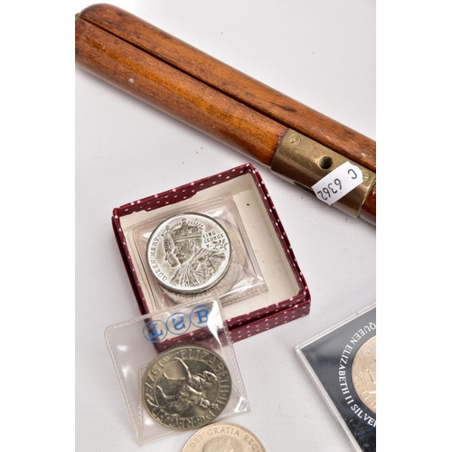 67 - A BOX CONTAINING A NUMBER OF MILITARIA ITEMS AND COINS AS FOLLOWS:- Military Pacing Stick, brass fit... 