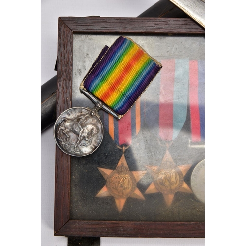 71 - A SMALL GLAZED FRAME OF WWII MEDALS to include 1939-45, Burma Stars, Defence & War Medal, together w... 