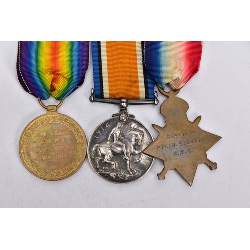 85 - A WWI 1914-15 STAR TRIO OF MEDALS ON A WEARING BAR, named SE-11859 (on star) Pte J E Smith AVC (Army... 