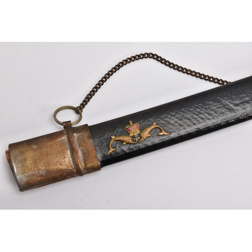 92 - A LOW QUALITY SWORD AND SCABBARD, blade is curved and approximately 80cm in length, the blade is sli... 