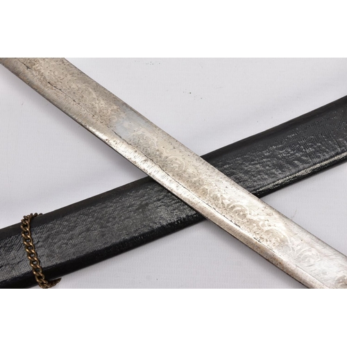 92 - A LOW QUALITY SWORD AND SCABBARD, blade is curved and approximately 80cm in length, the blade is sli... 