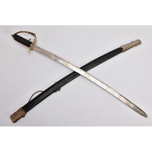 92 - A LOW QUALITY SWORD AND SCABBARD, blade is curved and approximately 80cm in length, the blade is sli... 