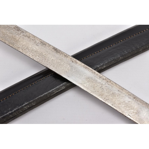 92 - A LOW QUALITY SWORD AND SCABBARD, blade is curved and approximately 80cm in length, the blade is sli... 