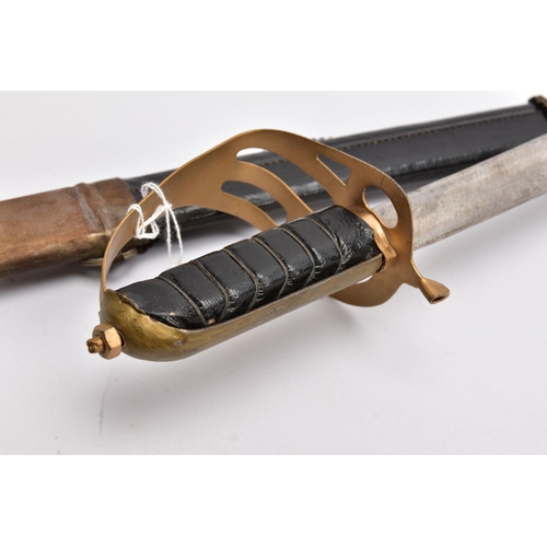 92 - A LOW QUALITY SWORD AND SCABBARD, blade is curved and approximately 80cm in length, the blade is sli... 