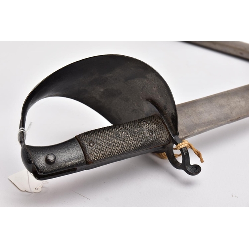 94 - TWO MILITARY RELATED SWORDS, to include a large curved sword with metal silver coloured scabbard, bl... 