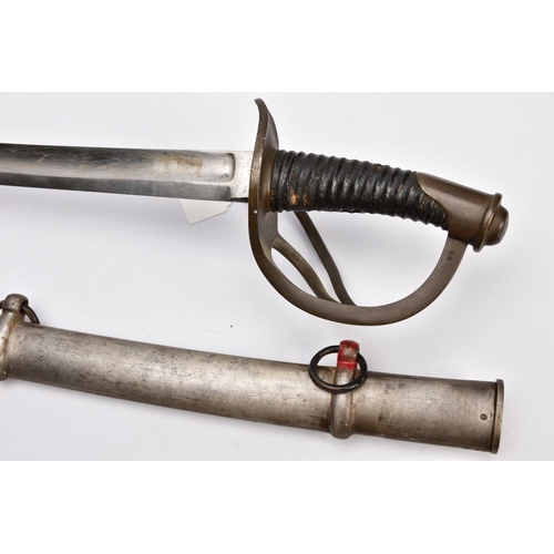 94 - TWO MILITARY RELATED SWORDS, to include a large curved sword with metal silver coloured scabbard, bl... 