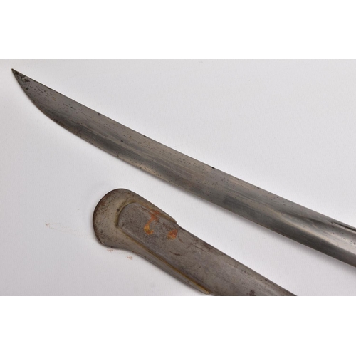 94 - TWO MILITARY RELATED SWORDS, to include a large curved sword with metal silver coloured scabbard, bl... 