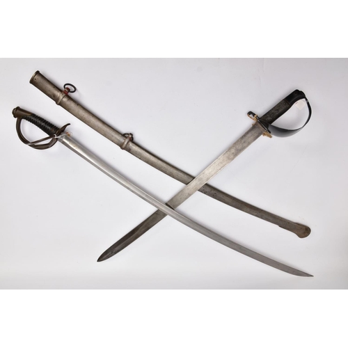 94 - TWO MILITARY RELATED SWORDS, to include a large curved sword with metal silver coloured scabbard, bl... 