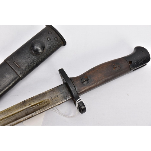 97 - BRITISH 1907 PATTERN WWI ERA SMLE RIFLE BAYONET AND SCABBARD, proof marked etc and a German WWII Weh... 