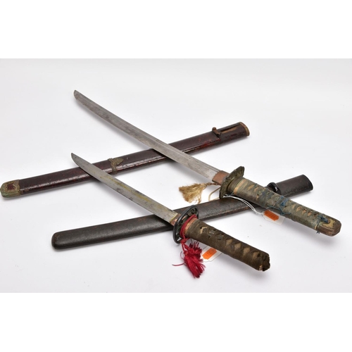 99 - TWO JAPANESE WWII ERA SHORT SWORDS 'Gunto/Tanto' designs, blade length approximately 44cm, tang is m... 