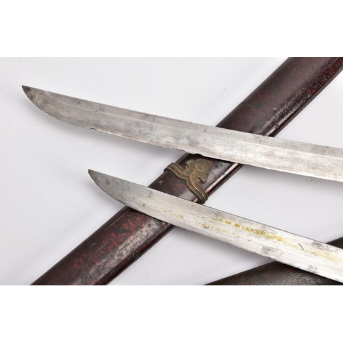 99 - TWO JAPANESE WWII ERA SHORT SWORDS 'Gunto/Tanto' designs, blade length approximately 44cm, tang is m... 