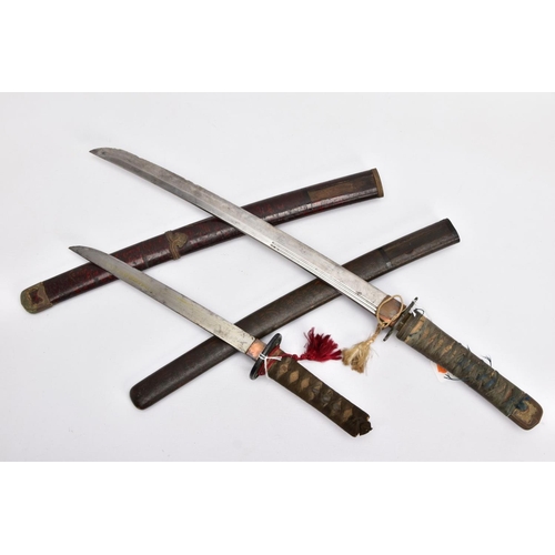 99 - TWO JAPANESE WWII ERA SHORT SWORDS 'Gunto/Tanto' designs, blade length approximately 44cm, tang is m... 