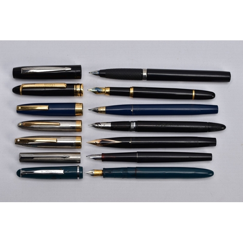 171 - A TRAY OF VINTAGE AND MODERN FOUNTAIN PENS, including a 1950's Parker Vacumatic in grey stripe (fill... 