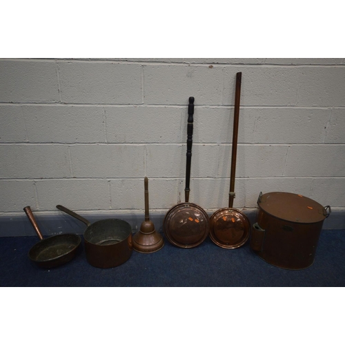 1384 - SIX VARIOUS PIECES OF COPPER, to include a large heavy pan with an iron handle, another pan, two war... 