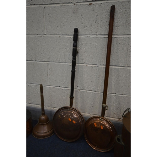 1384 - SIX VARIOUS PIECES OF COPPER, to include a large heavy pan with an iron handle, another pan, two war... 